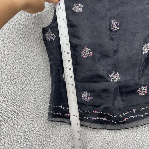 Vintage 90s Y2K BCBG Top S Black Embroidered Flowers Goth Grunge Sheer Square - Picture 7 of 10